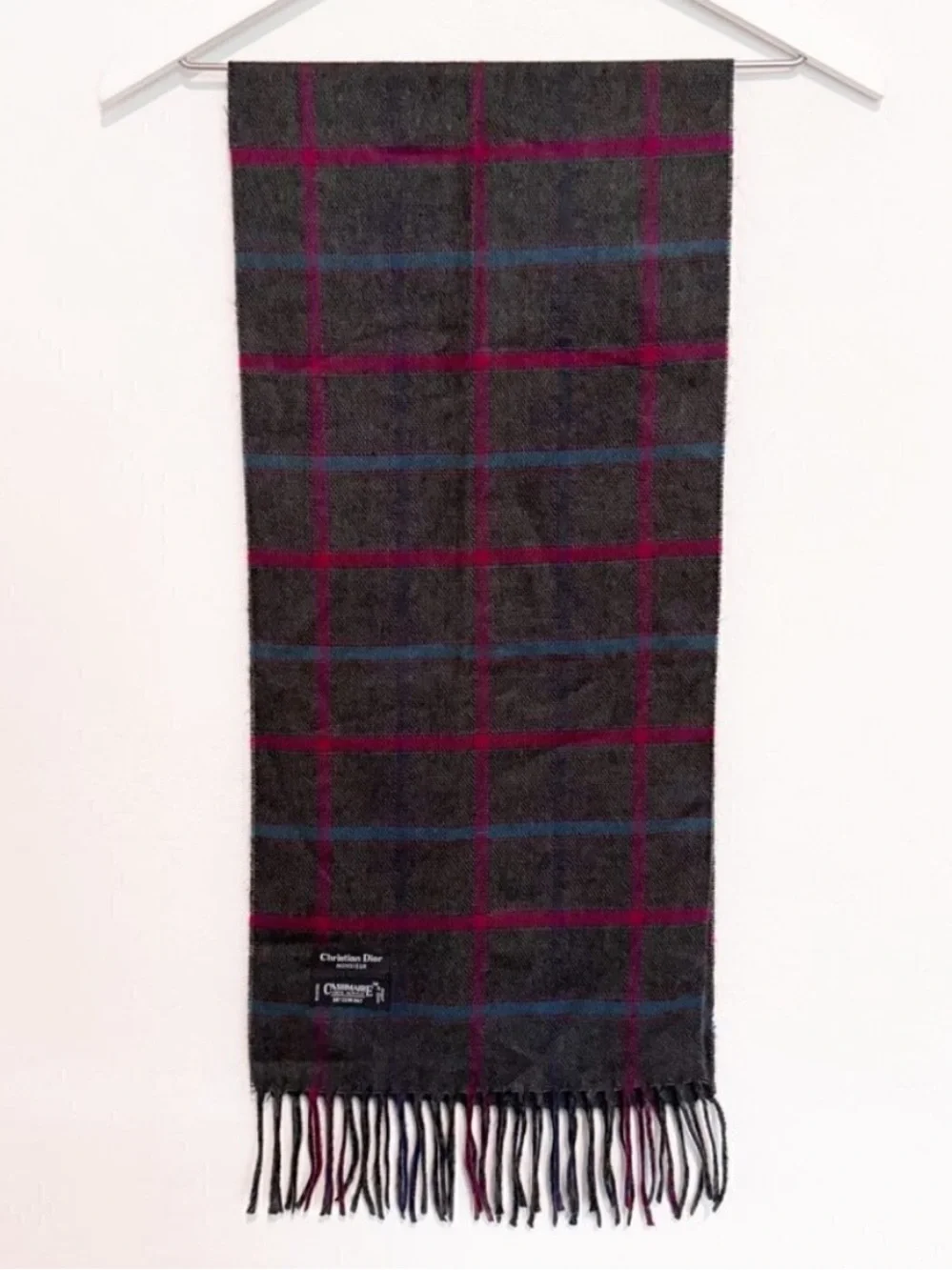 Christian Dior‎ Scarf Plaid Windowpane Cashmaire Fringe Vintage Dark Academia